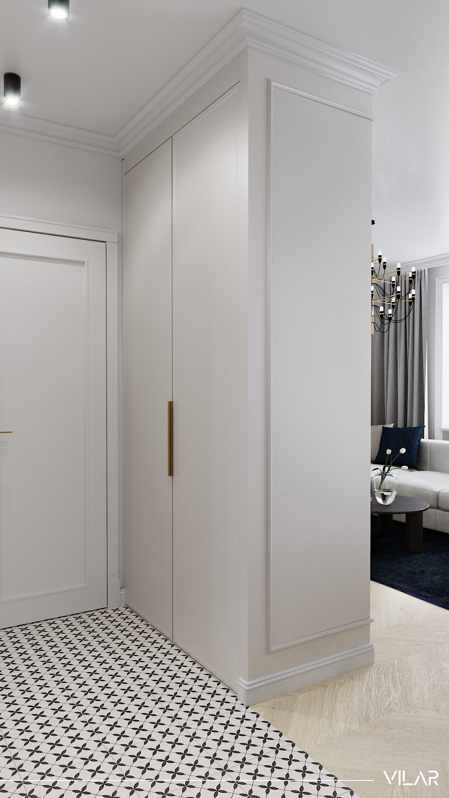 projektant wnetrz warszawa bialo czarny korytarz i bezowa wnekowa szafa