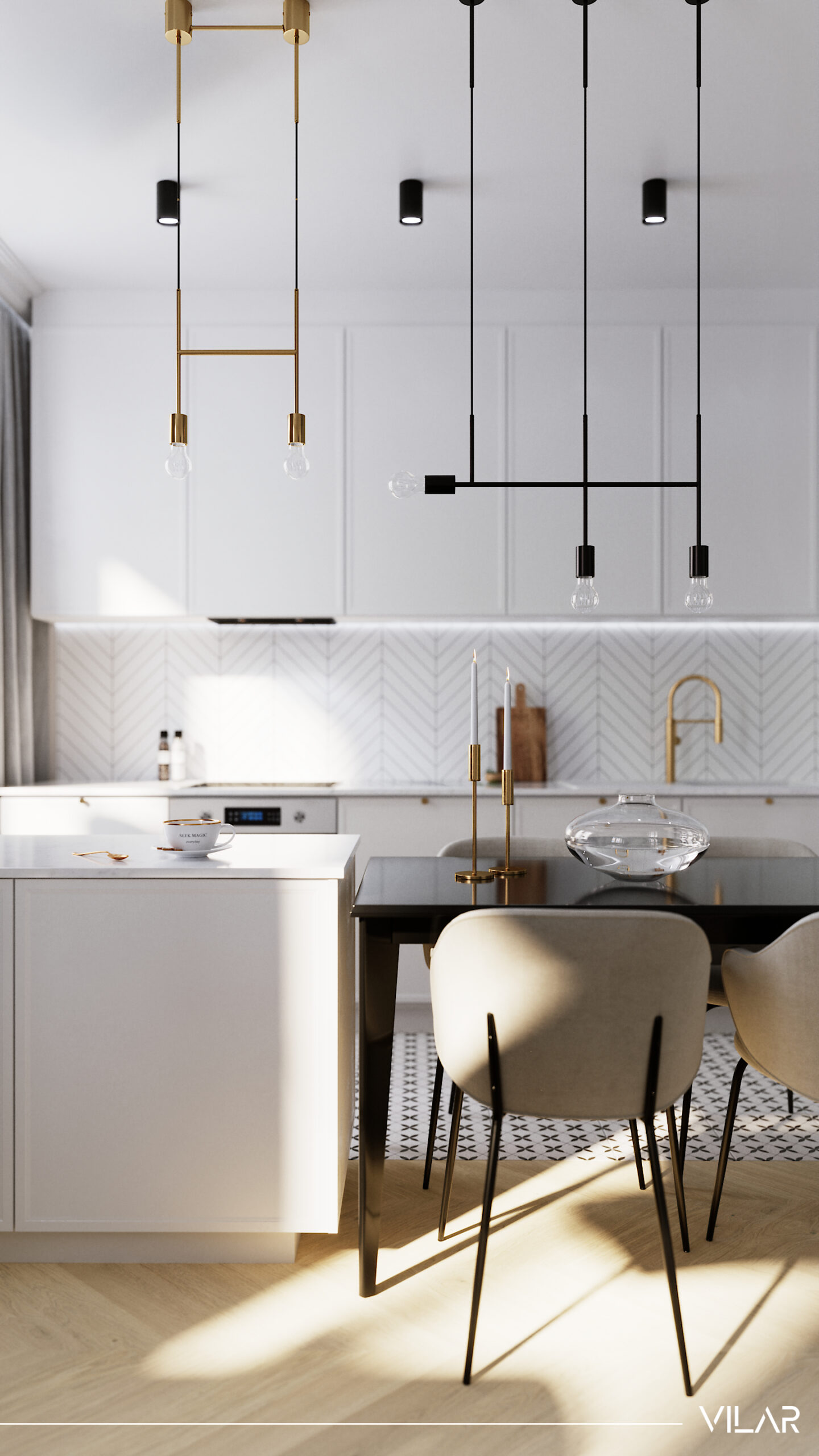 projektant-wnetrz-projekt-bialej-kuchni-z-wyspą-i-stołem-plytki-patchwork-biala-mozaika