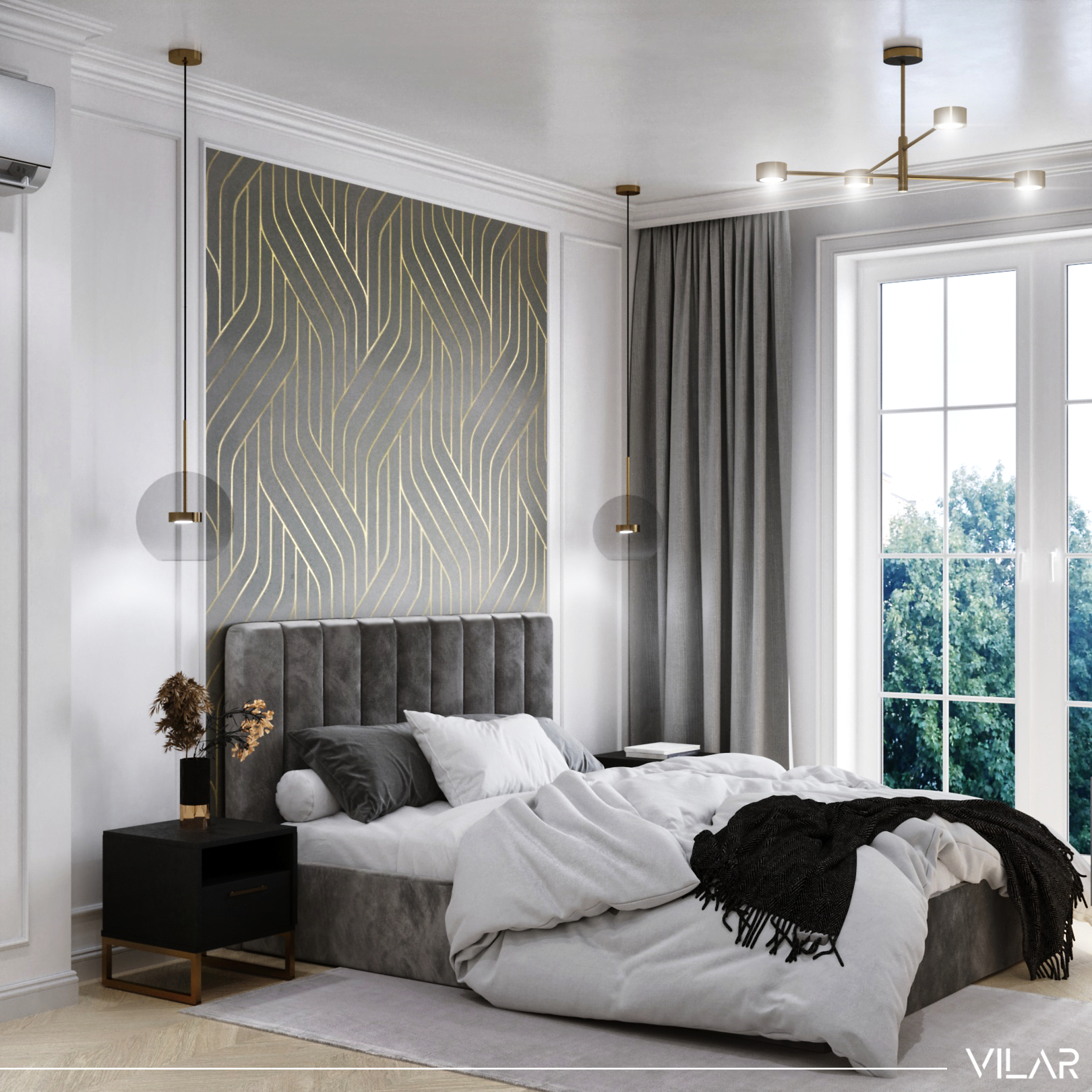 projektant wnetrz warszawa sypialnia modern classic ze sztukateria tapeta i szprosami w oknach