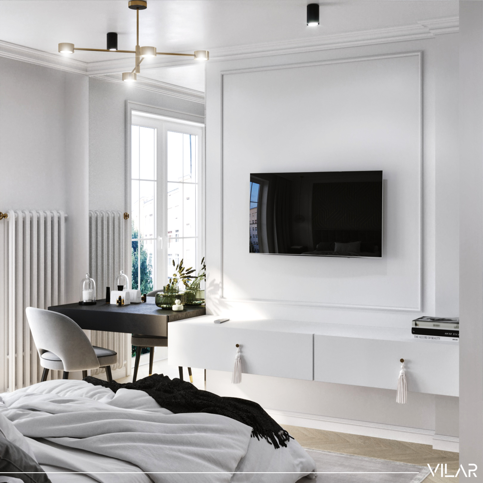 projektant wnetrz warszawa sypialnia modern classic ze sztukateria szafka rtv i toaletka