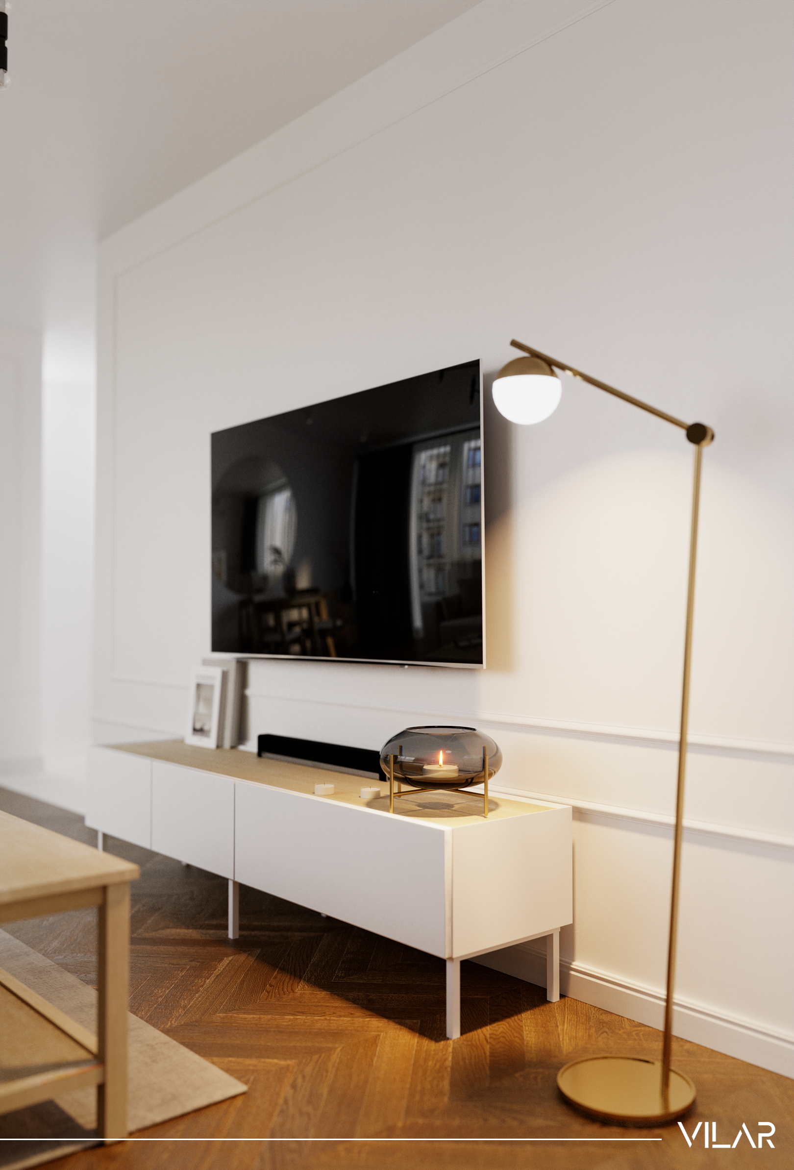 biala-sciana-ze-sztukateria-i-biala-szafka-rtv