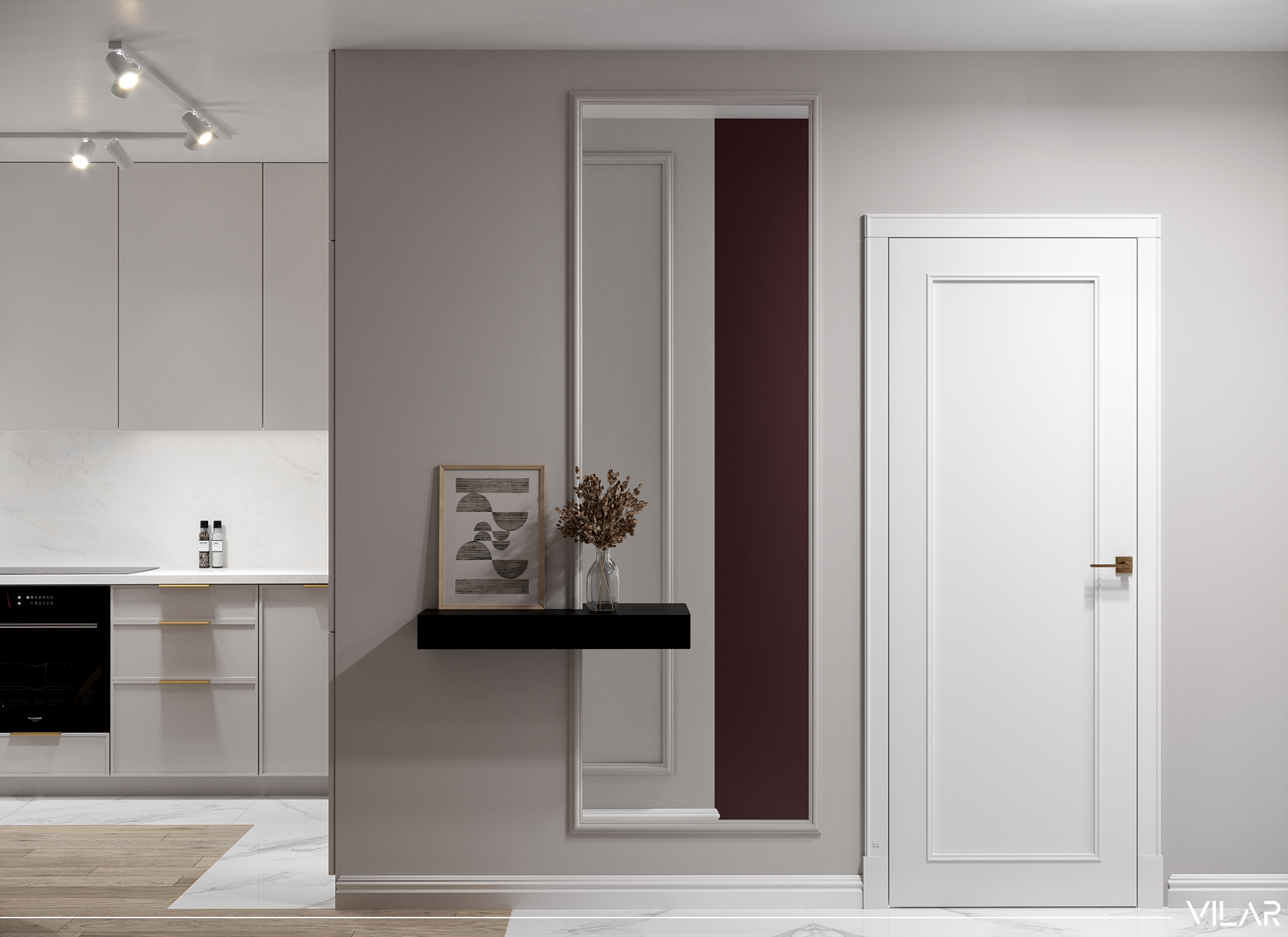 bezowy przedpokoj z bialymi drzwiami