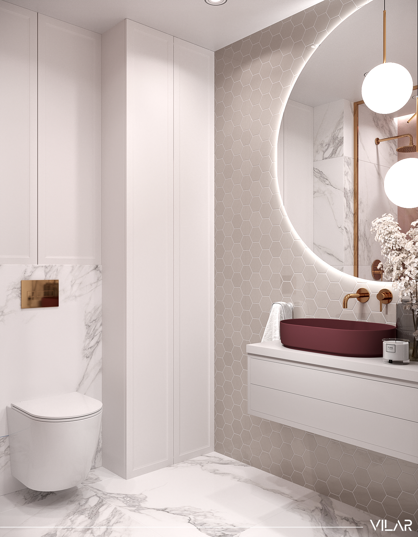 biała łazienka z beżową mozaiką heksagony