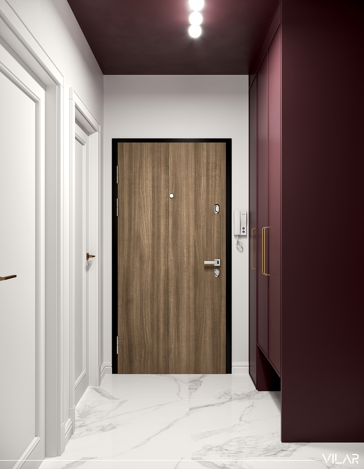 biały przedpokój z bordową szafą