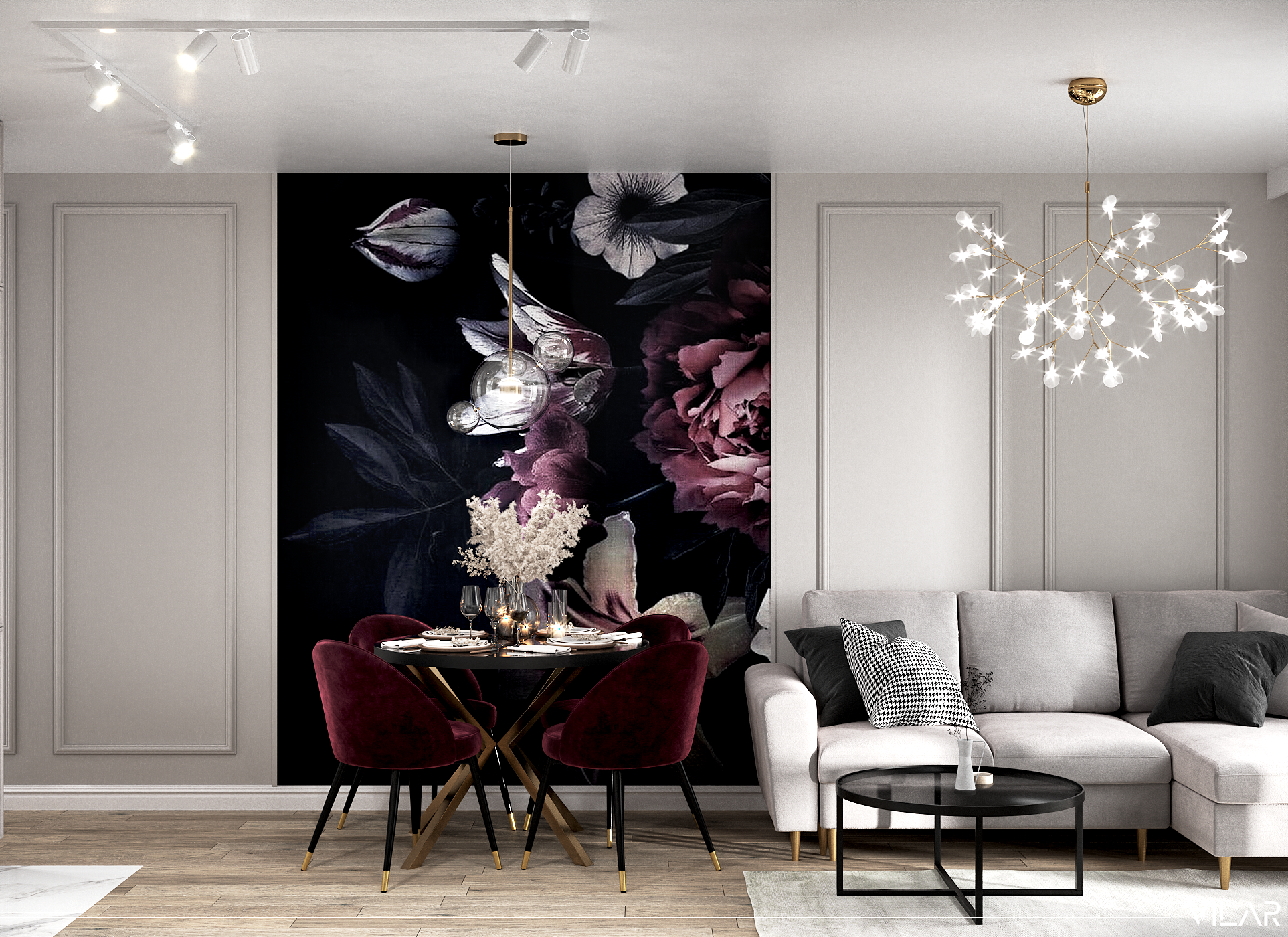 beżowy salon z bordowymi krzesłami i fototapetą w kwiaty