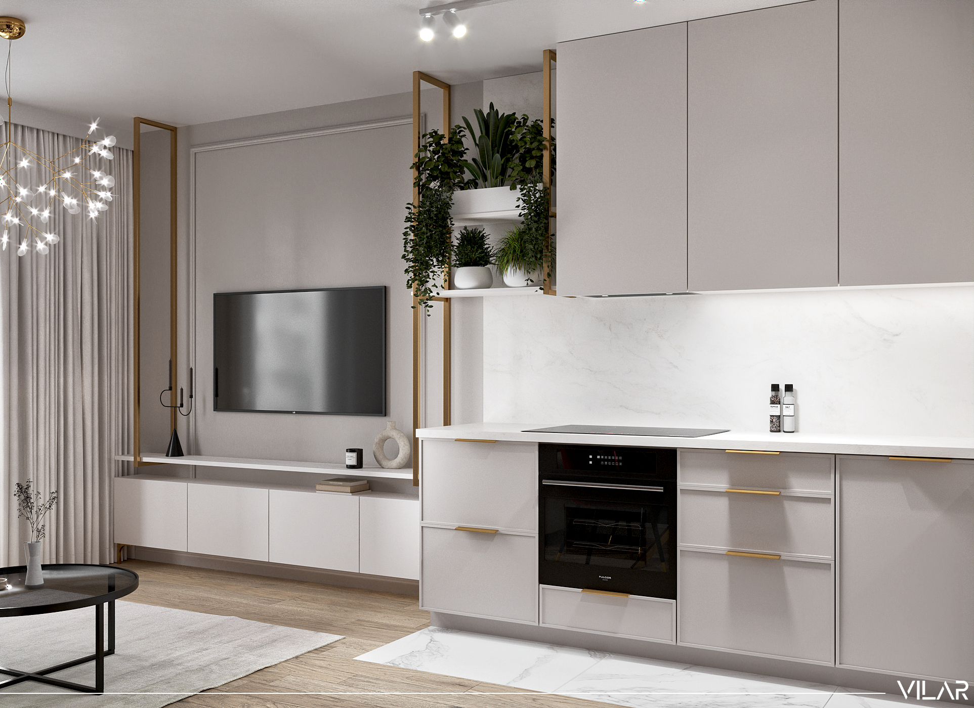 beżowo biały salon ze złotym wieszakiem na rośliny