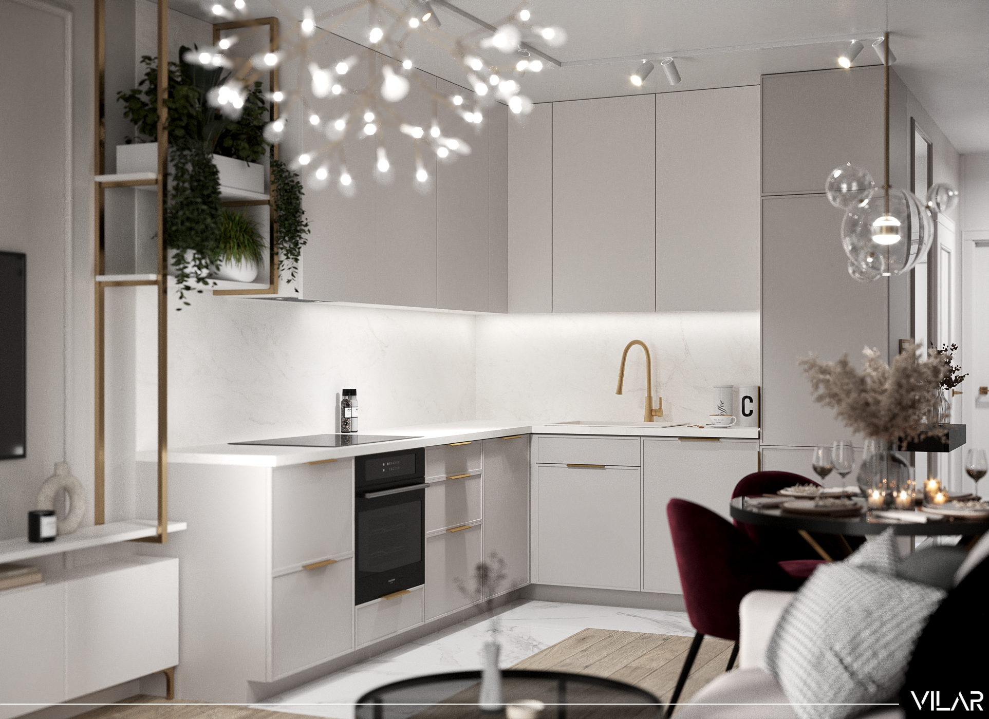 beżowo biała kuchnia ze złotymi dodatkami