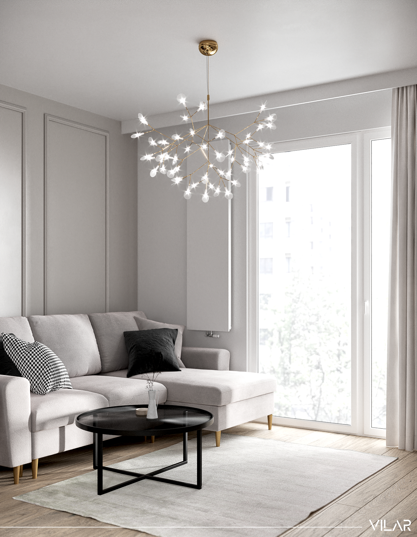 salon bialo bezowy ze zlotym zyrandolem